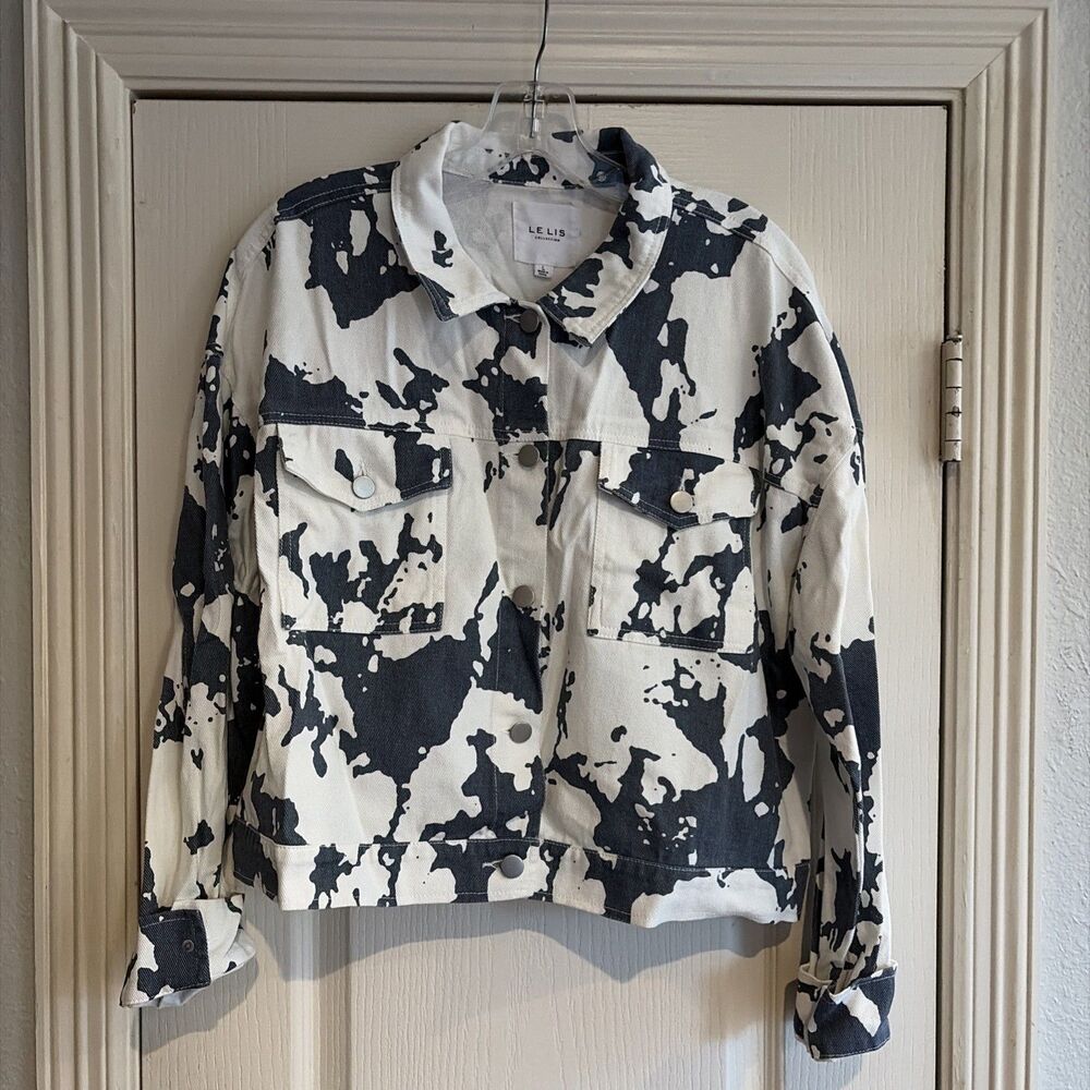 Anthropogie Le Lis Women's Cropped Cow Print Jean Jacket Black/Cream Size M
